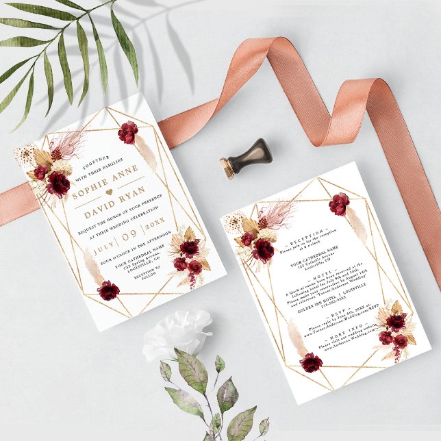 Invitación Pampas Florales Borgoñonas Todo En Un Boda (Subido por el creador)