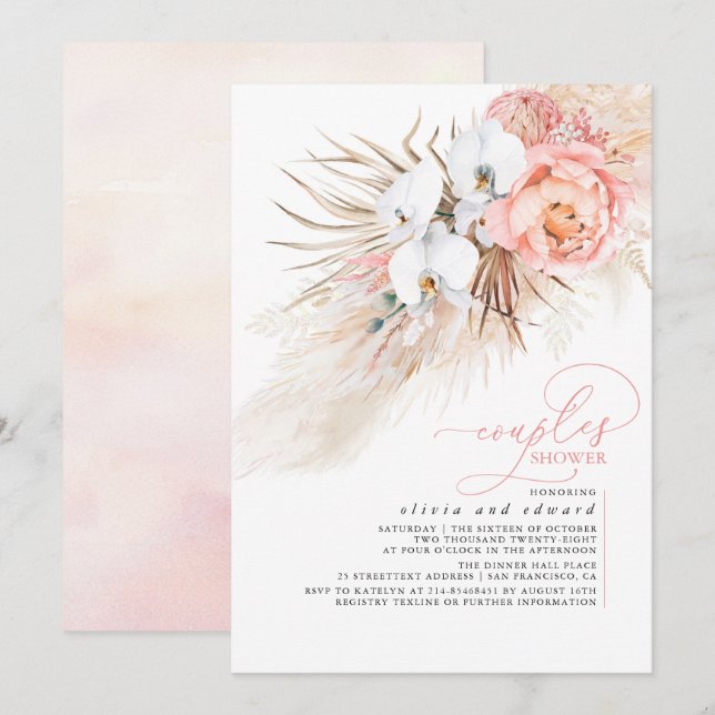 Invitación Pampas Florales Rosa Parejas De Hierba Pampas Invi (Anverso / Reverso)