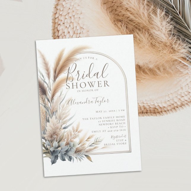 Invitación Pampas Flores Secas Grass Boho Arch Bridal Shower (pampas grass bridal shower invitation boho arch dried flowers muted greens white minimalist bohemian)