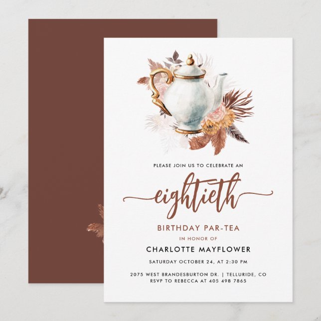 Invitación Pampas Grass 80th Birthday Tea Fiesta (Anverso / Reverso)