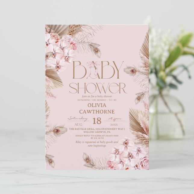 Invitación Pampas Grass  and Blush Pink Orchid Baby Shower  (Anverso de pie)