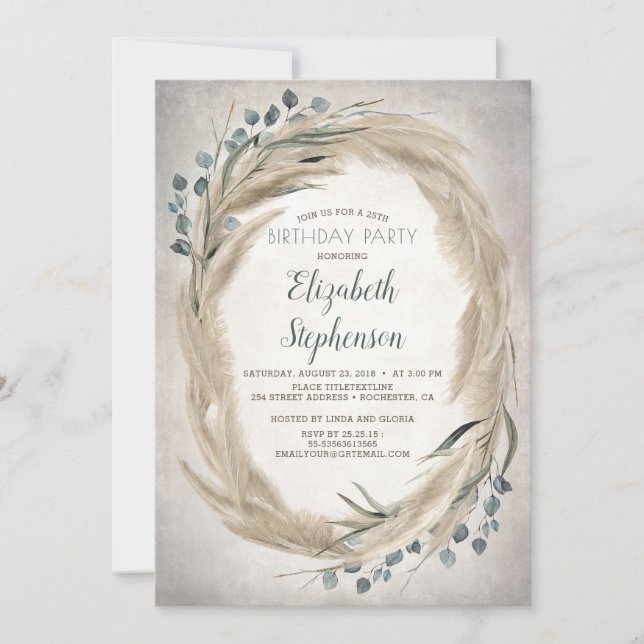 Invitación Pampas Grass and Greenery Boho Moda Cumpleaños (Anverso)
