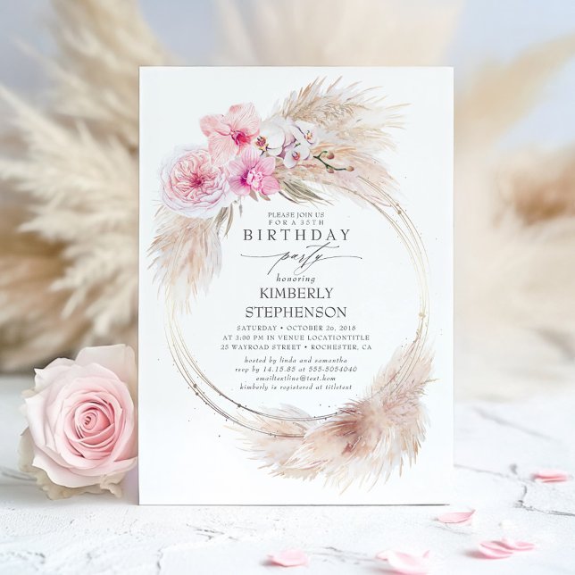 Invitación Pampas Grass and Pink Orchid Exotic Birday Party (Pink Floral Birthday Invitation)