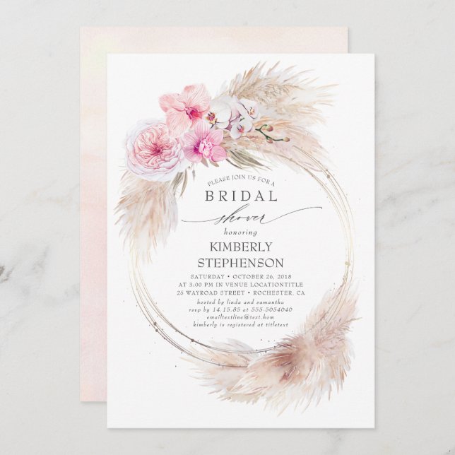 Invitación Pampas Grass and Pink Orchids Exotic Bridal Shower (Anverso / Reverso)
