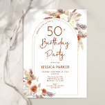 Invitación Pampas Grass Arch Terracotta Boho 50 cumpleaños<br><div class="desc">Invitación a la fiesta de cumpleaños número 50 en terracota naranja quemado y blanco. Hermoso diseño minimalista moderno con acentos botánicos pintados a mano. Presenta pasto pampas, hojas, rosas y tipografía de escritura. La temática del desierto de estilo bohemio moderno es perfecta para otoño, invierno, primavera o verano. Puede seleccionar...</div>
