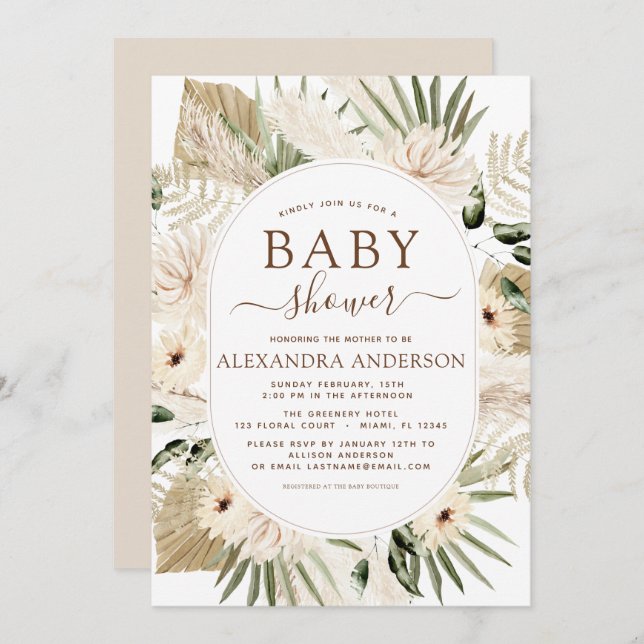 Invitación Pampas Grass Baby Shower Boho Eucalyptus Invitatio (Anverso / Reverso)