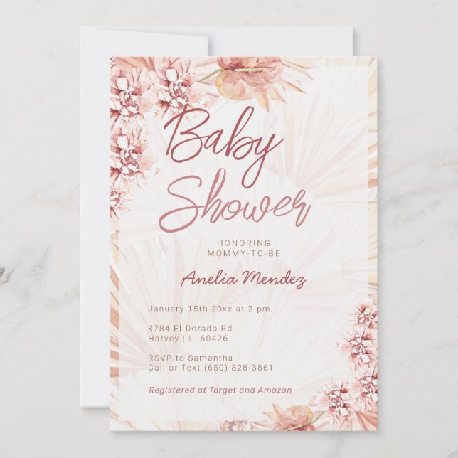 Invitación Pampas Grass Baby Shower Neutral Chica Boy Bohemia (Anverso)