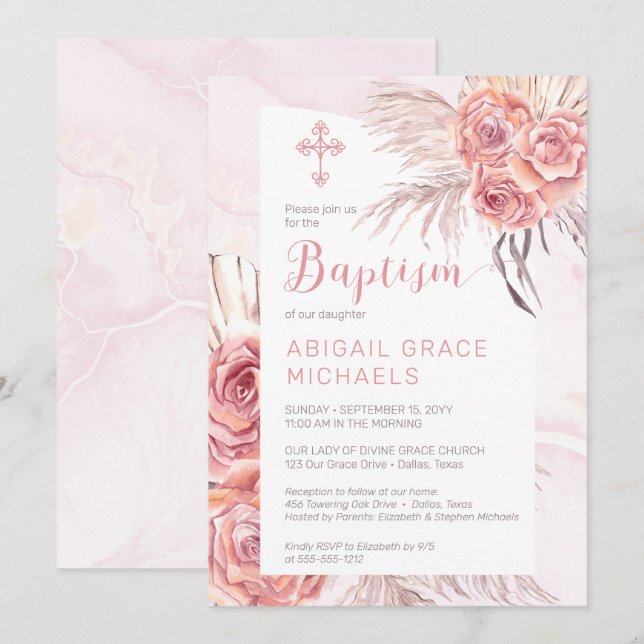 Invitación Pampas Grass |Baptismo de bebé Chica de rosa rosa  (Anverso / Reverso)