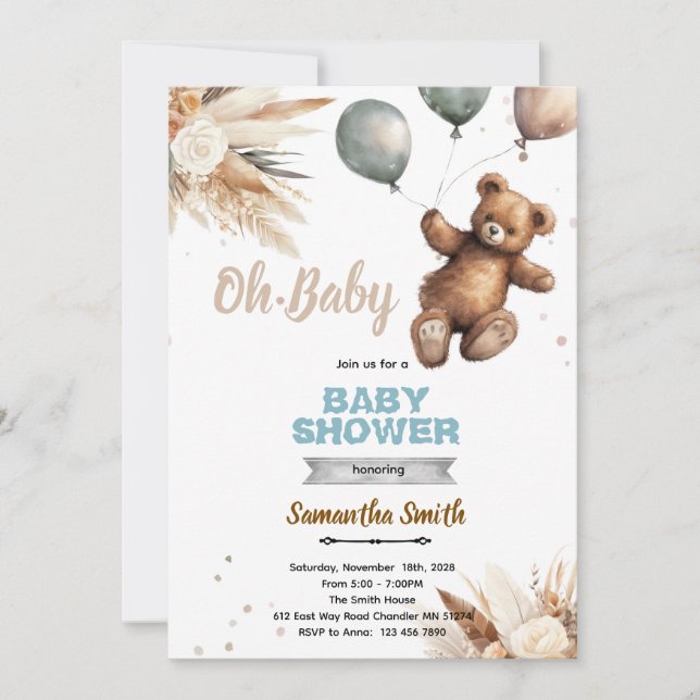 Invitación Pampas Grass bear baby shower invitation (Anverso)