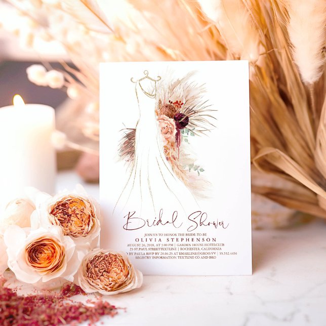 Invitación Pampas Grass Boda Gown Terracotta Bridal Shower (Terracotta Floral Dress Bridal Shower Invitations for Boho Party)