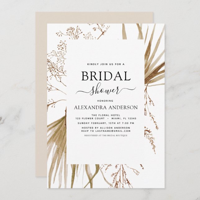 Invitación Pampas Grass Bohemian Boho Bridal Shower (Anverso / Reverso)