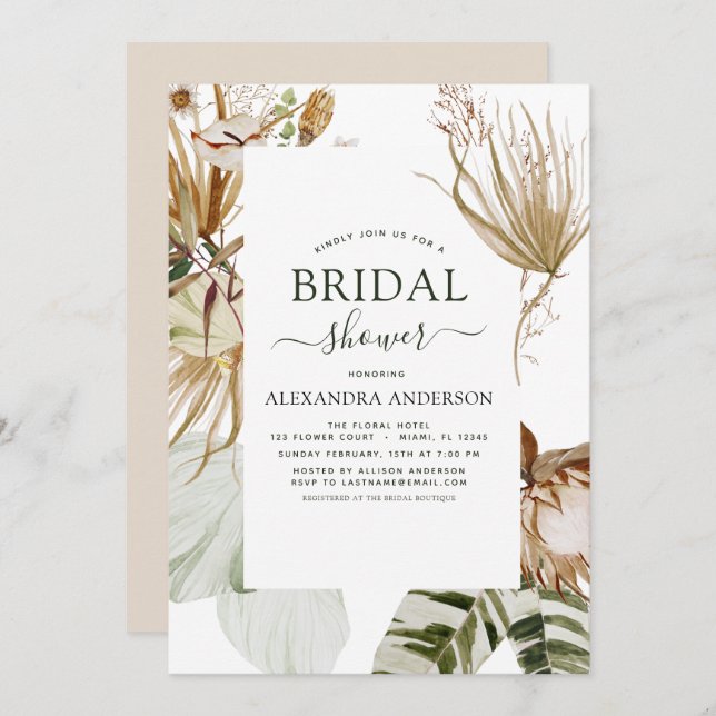 Invitación Pampas Grass Bohemian Boho Tropical Bridal Shower (Anverso / Reverso)
