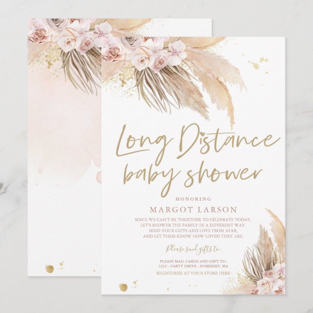 Invitación Pampas Grass Bohemian Long Distance Baby Shower (Anverso / Reverso)