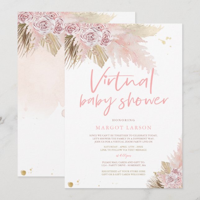 Invitación Pampas Grass Bohemian Virtual Zoom Baby Shower (Anverso / Reverso)