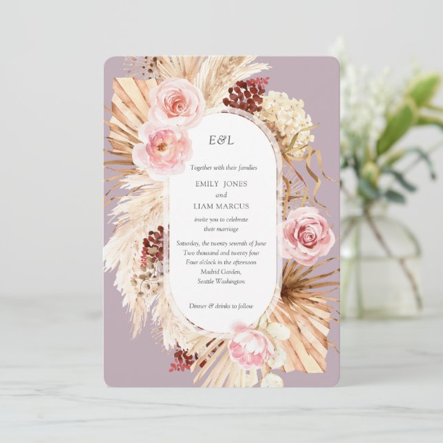 Invitación Pampas Grass Boho acuarela Mauve Floral Boda (Anverso de pie)