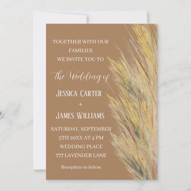 Invitación Pampas Grass Boho Bohemian Grass Simple Boda (Anverso)