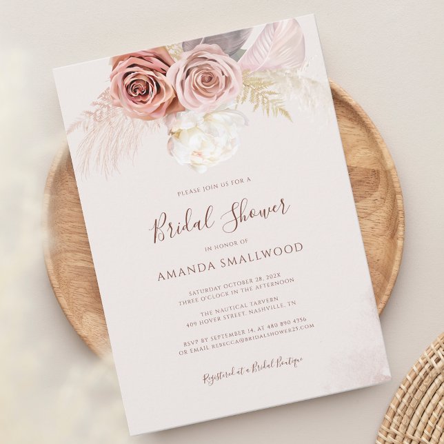 Invitación Pampas Grass Boho Cae Ducha de Novias (Pampas Grass Terracotta Script Bridal Shower Invitation)