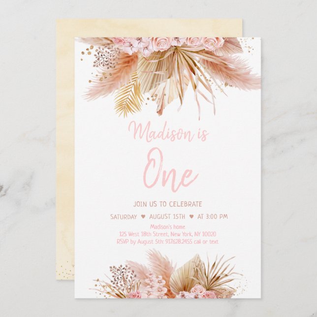 Invitación Pampas Grass Boho Chica Floral Rosa Cumpleaños (Anverso / Reverso)