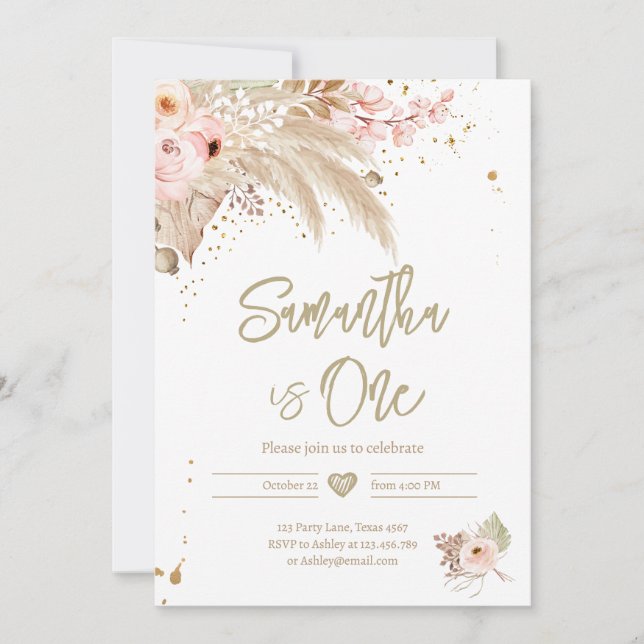 Invitación Pampas Grass Boho CUALQUIER EDAD Chica Rústico Cum (Anverso)