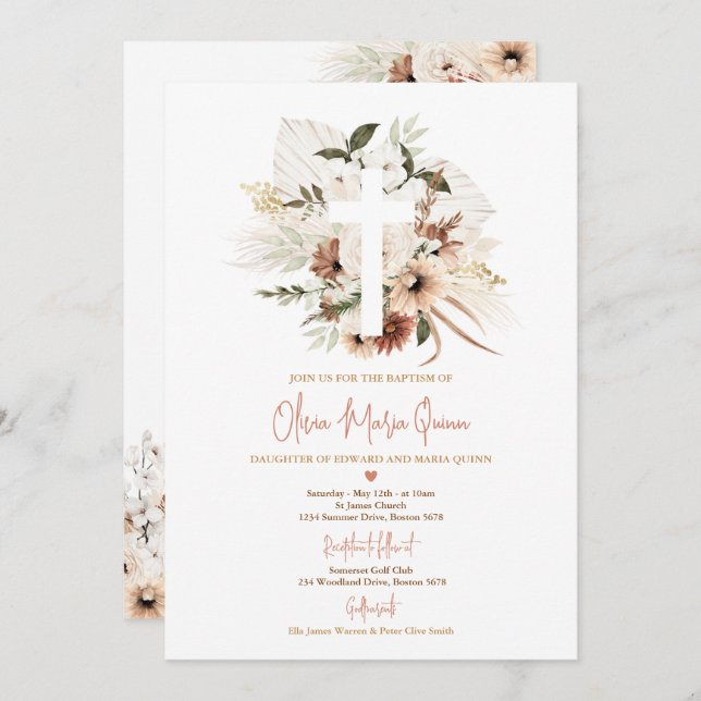 Invitación Pampas Grass Boho Fall Calabaza Bautismo Christina (Anverso / Reverso)