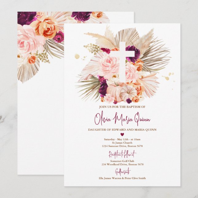 Invitación Pampas Grass Boho Fall Calabaza Bautismo Christina (Anverso / Reverso)