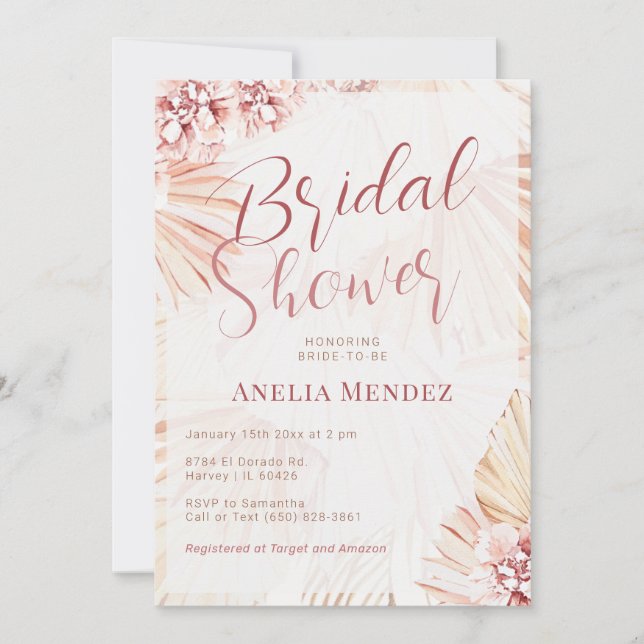 Invitación Pampas Grass Boho Floral Bridal Shower Bohemian (Anverso)