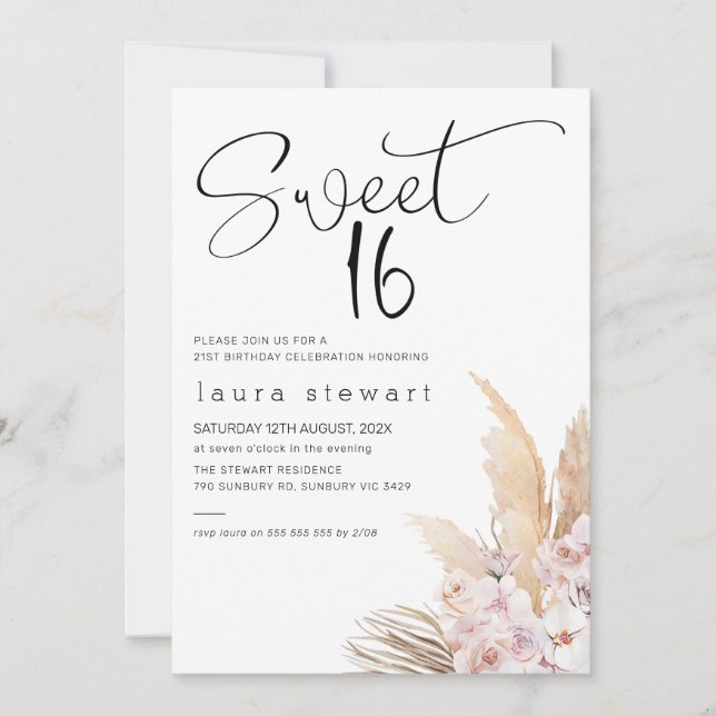 Invitación Pampas Grass Boho Floral Sweet 16th Birthday (Anverso)