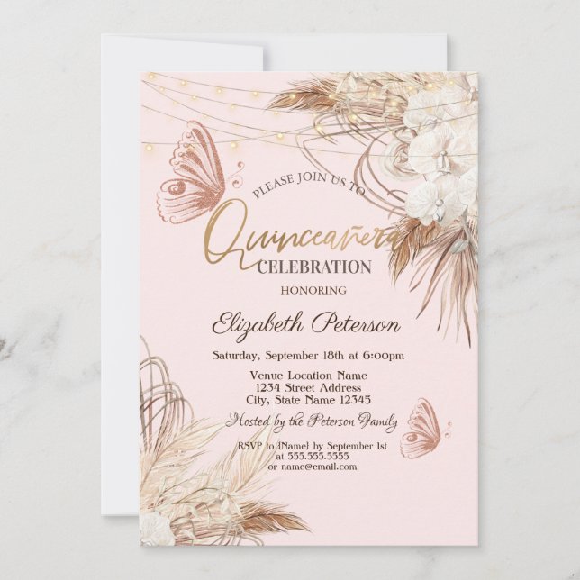 Invitación Pampas Grass Boho Flores Mariposas Quinceañera (Anverso)