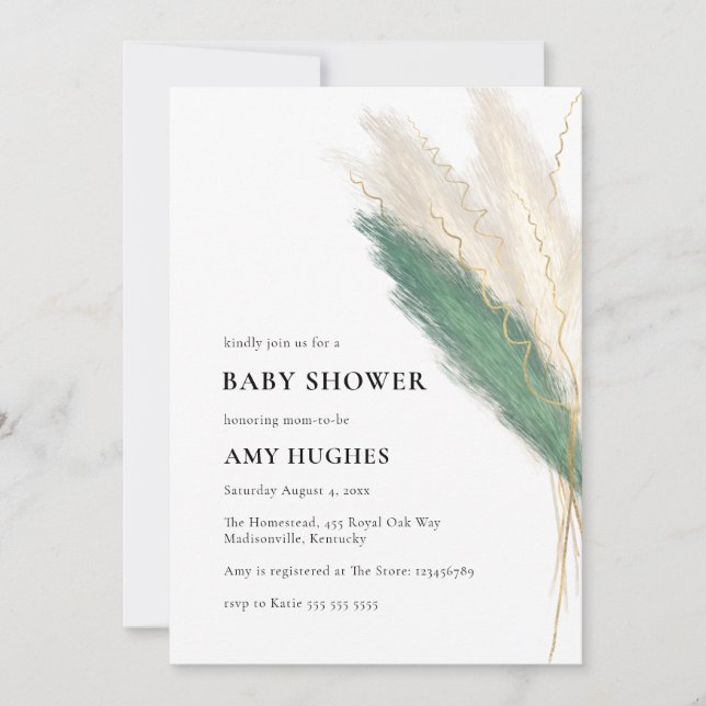 Invitación Pampas Grass Boho Green Gold Baby Shower (Anverso)