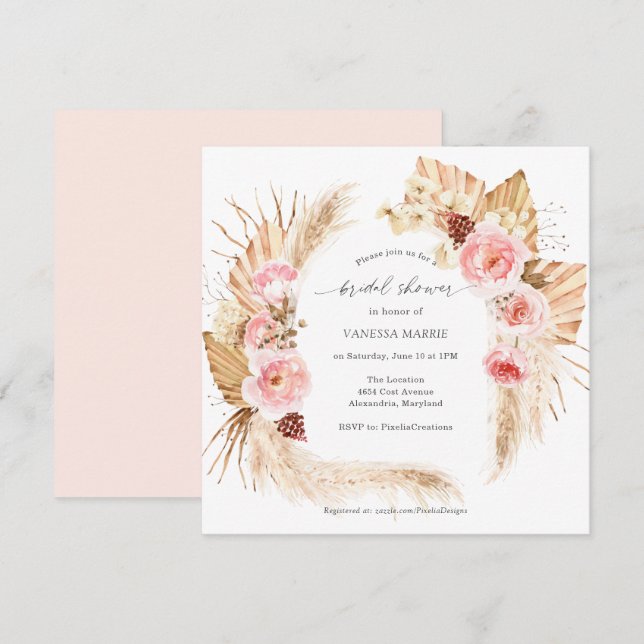 Invitación Pampas Grass Boho Pink Floral Bridal Shower (Anverso / Reverso)
