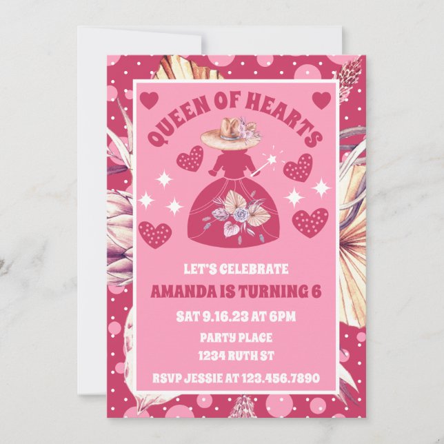 Invitación Pampas Grass Boho Pink Queen Of Hearts Cumpleaños (Anverso)
