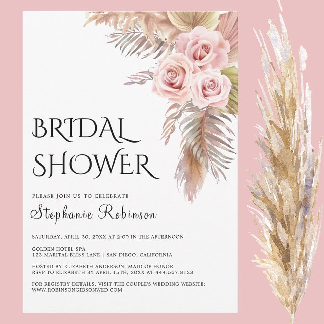 Invitación Pampas Grass Boho Rosa Floral Bridal Shower (Subido por el creador)