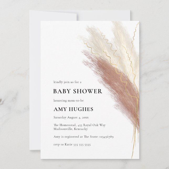 Invitación Pampas Grass Boho Rubor Pink Gold Baby Shower (Anverso)