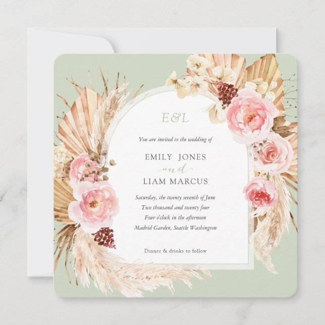 Invitación Pampas Grass Boho Sage Green Floral Square Boda (Anverso)
