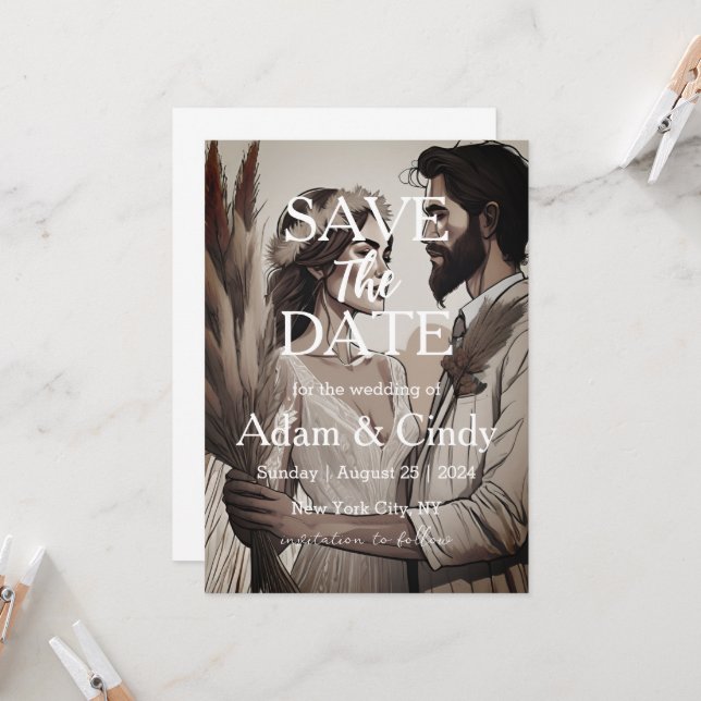 Invitación pampas grass boho salva las fechas (Anverso/Reverso In Situ)