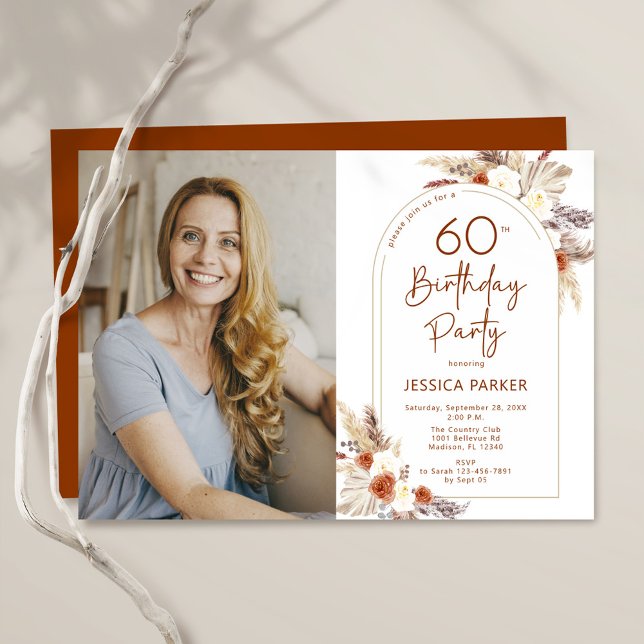 Invitación Pampas Grass Boho Terracotta Foto 60 cumpleaños (Subido por el creador)