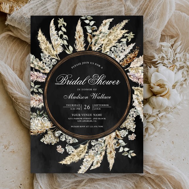 Invitación Pampas Grass Boho Wreath Black Bridal Shower (Subido por el creador)