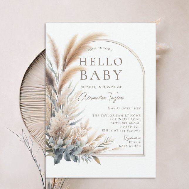 Invitación Pampas Grass Botanical Boho Neutral Baby Shower (pampas grass hello baby shower invitation gender neutral watercolor greenery botanical foliage boho )