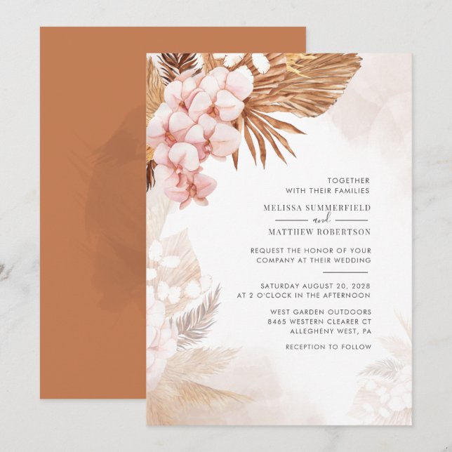 Invitación Pampas Grass Botánico Terracotta Pink Floral (Anverso / Reverso)