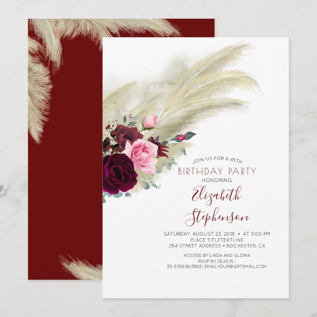 Invitación Pampas Grass Burgundy Red Floral Cumpleaños (Anverso / Reverso)