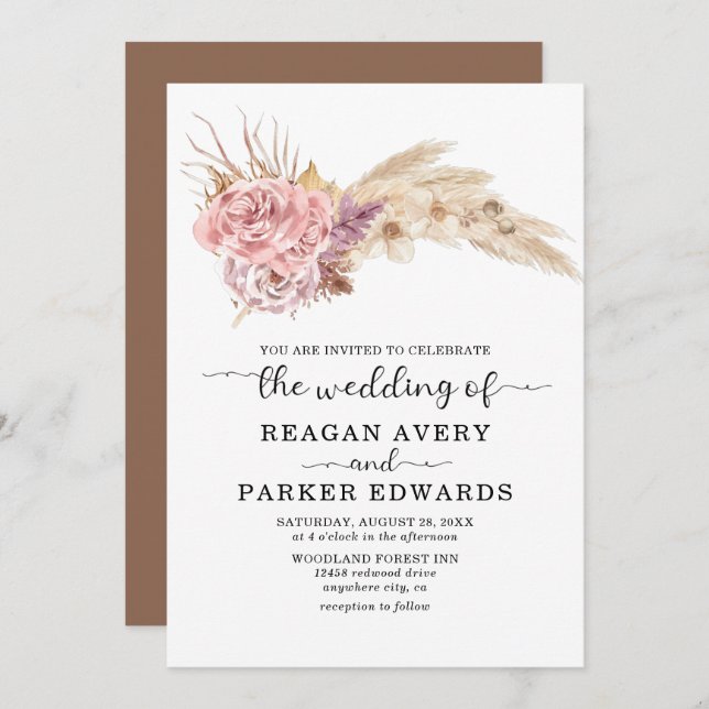 Invitación Pampas Grass Dried Floral Rosa y Boda Púrpura (Anverso / Reverso)