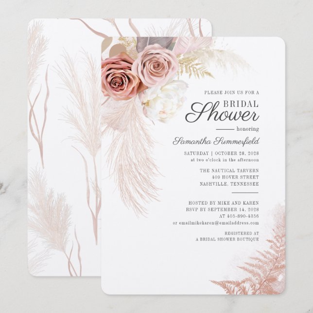 Invitación Pampas Grass Dried Floral Terracotta Bridal Shower (Anverso / Reverso)