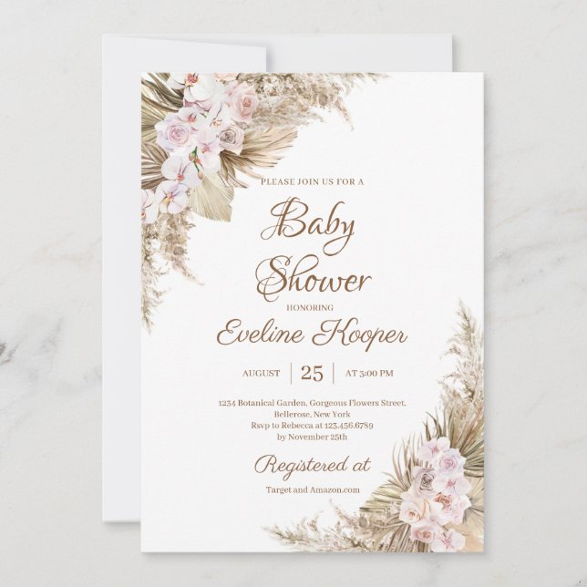 Invitación Pampas Grass Dried Palm Rubor Rosa Orchid Baby (Anverso)