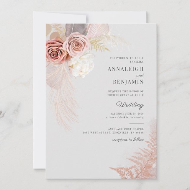 Invitación Pampas Grass Dried Palms Watercolor Boda (Anverso)