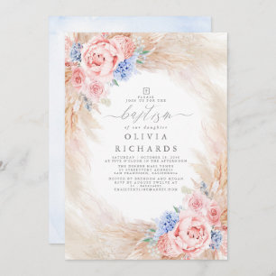 Invitación Pampas Grass Dusty Blue and Pink Baptism