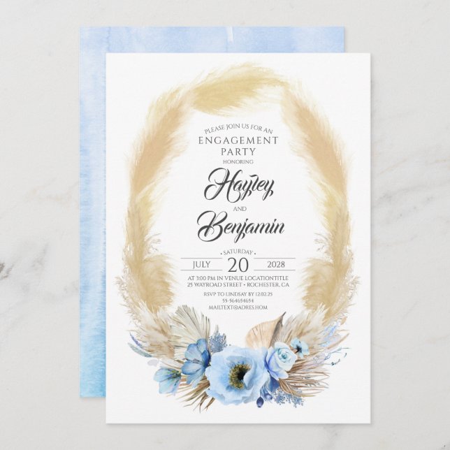 Invitación Pampas Grass Dusty Blue Floral Engagement Party (Anverso / Reverso)