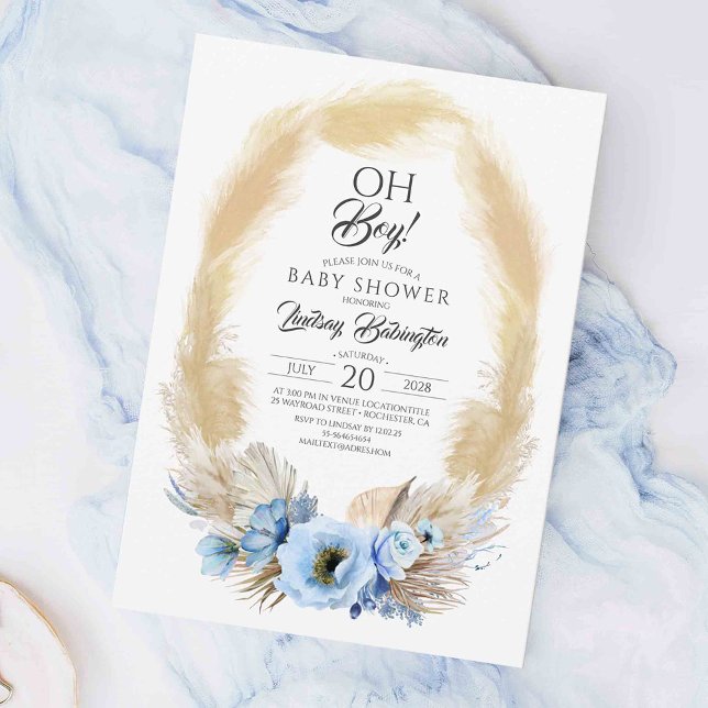 Invitación Pampas Grass Dusty Blue Flowers Baby Shower Oh Boy (Elegant Boho Blue Baby Shower Invitations)