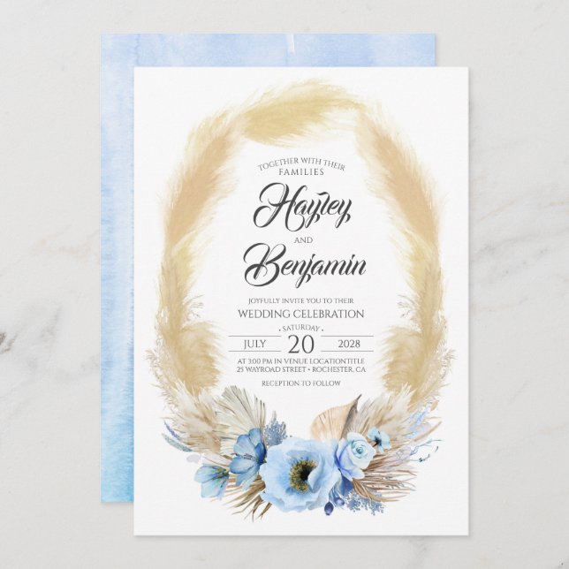 Invitación Pampas Grass Dusty Blue Flowers Boda tropical (Anverso / Reverso)