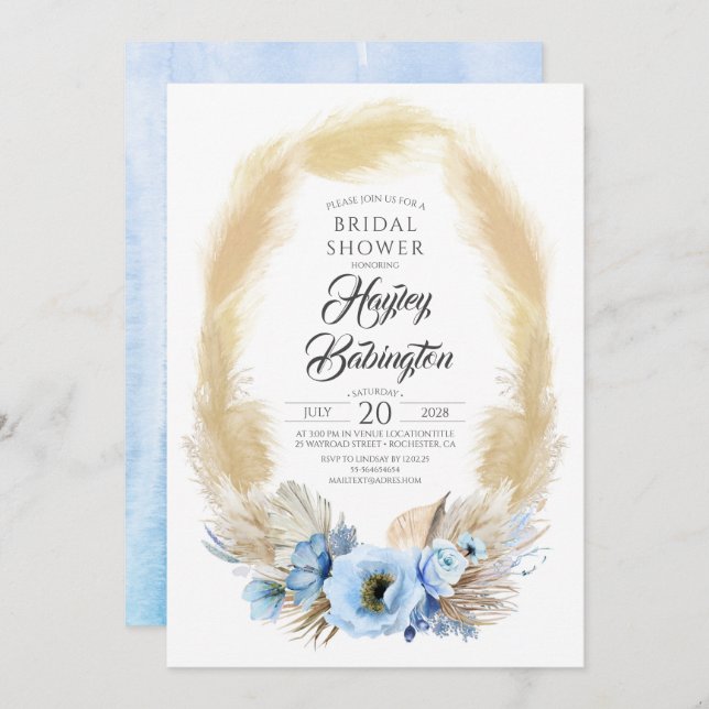 Invitación Pampas Grass Dusty Blue Flowers Bridal Shower (Anverso / Reverso)