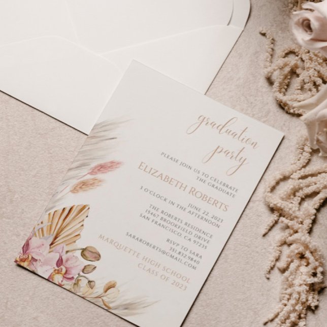 Invitación Pampas Grass Dusty Pink Floral Graduation Party (Subido por el creador)